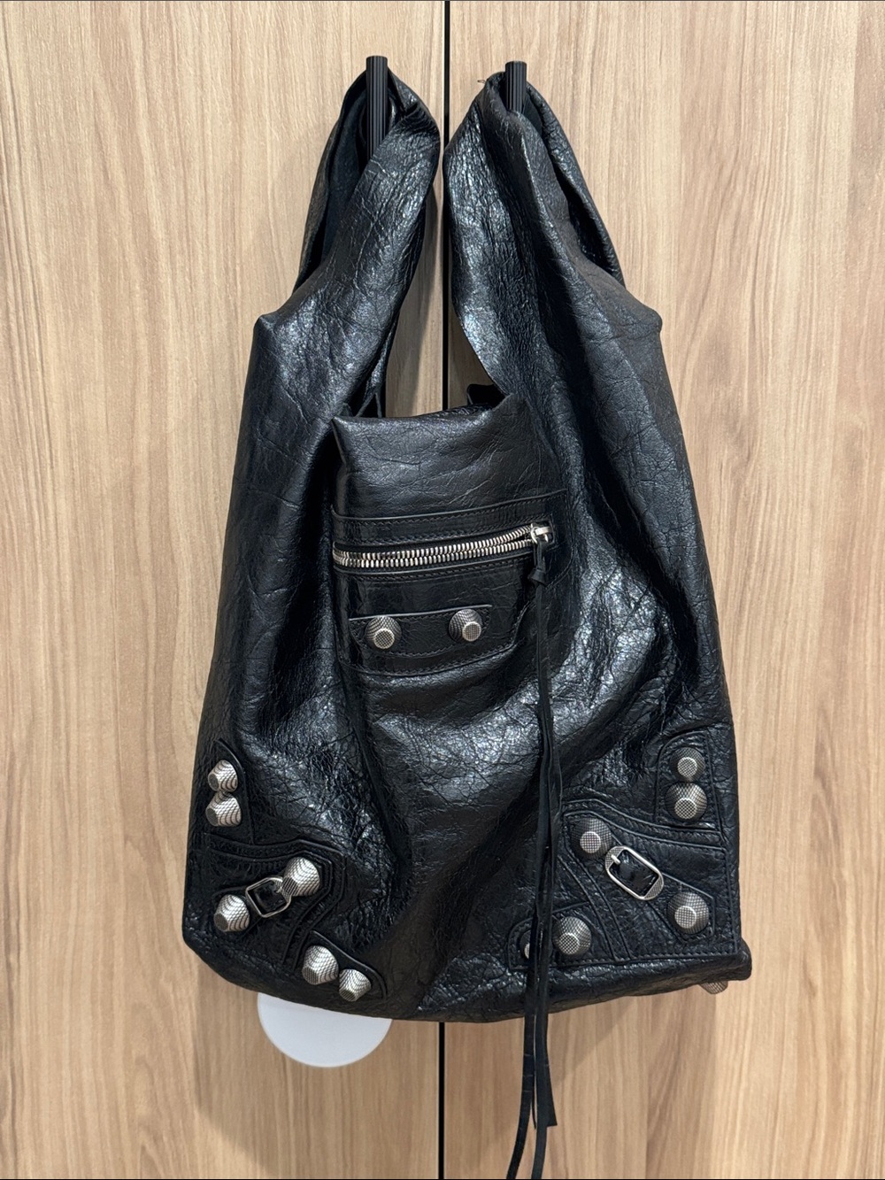 Black Studded Leather Tote Bag with Front Zip Pocket
